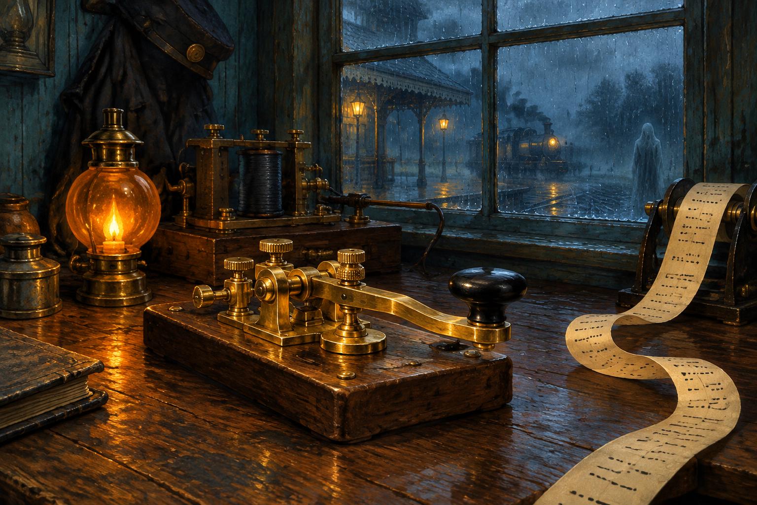 The brass telegraph key and ticker on a railway desk