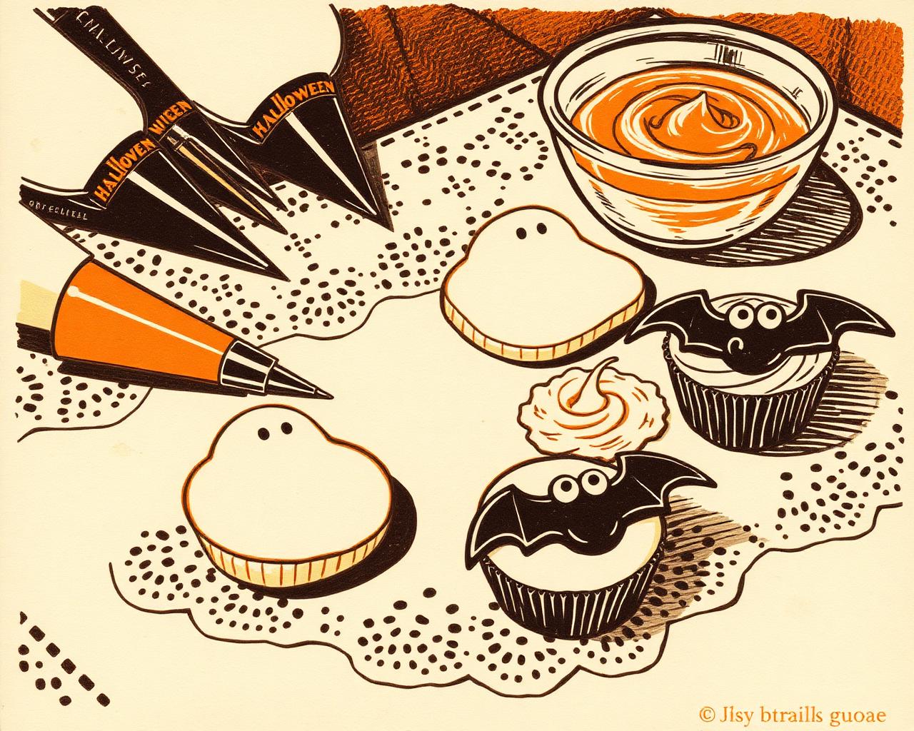 Vintage letterpress illustration of Halloween ghost cookies, bat cupcakes, piping bags and bowls of icing on a lace tablecloth