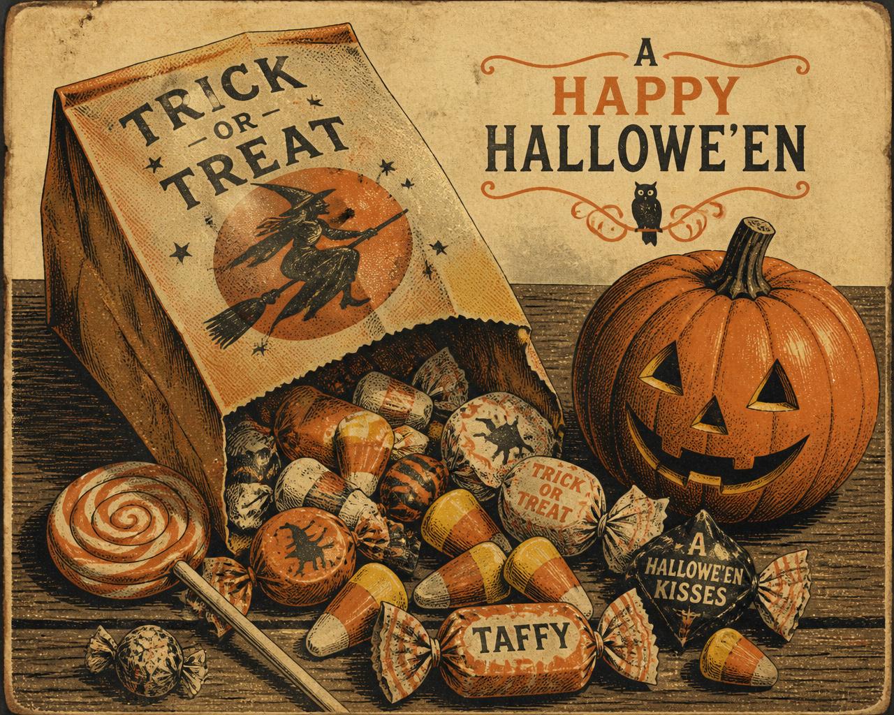 Vintage letterpress illustration of a trick-or-treat bag spilling old-fashioned wrapped candies, candy corn and lollipops beside a jack-o'-lantern