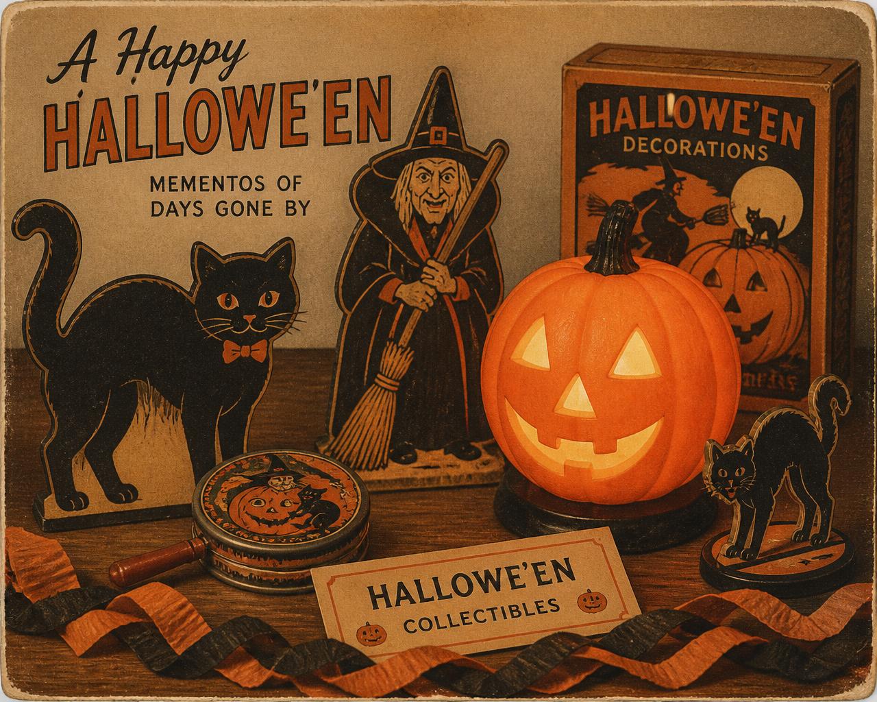 Vintage Halloween postcard illustration of a collector's table with die-cut black cat and witch cutouts, a tin noisemaker, crepe paper streamers and a glowing jack-o'-lantern