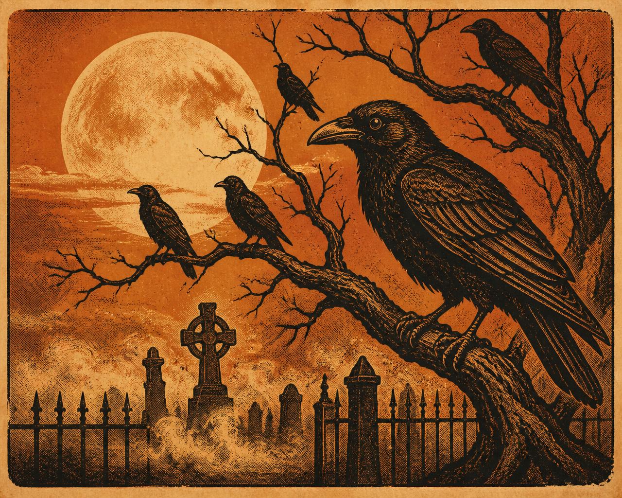 Vintage letterpress illustration of crows on a bare branch above a graveyard fence beneath a harvest moon