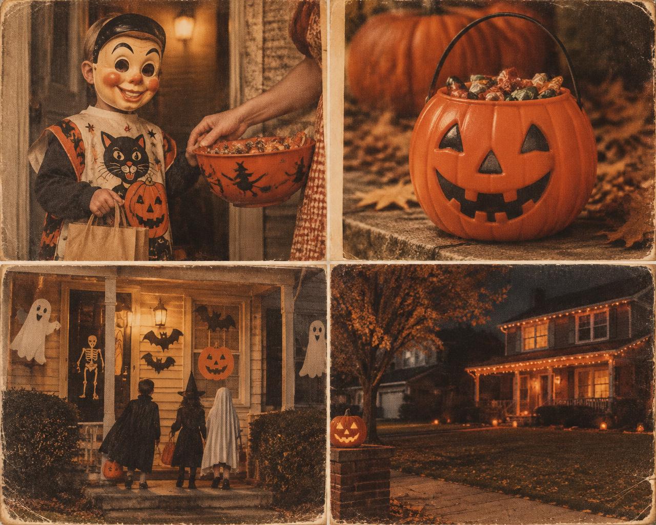 Aged four-panel collage of American Halloween across the decades: a child in a printed 1950s mask and smock, an orange plastic jack-o'-lantern pail, a decorated suburban porch, and a house strung with orange lights at dusk