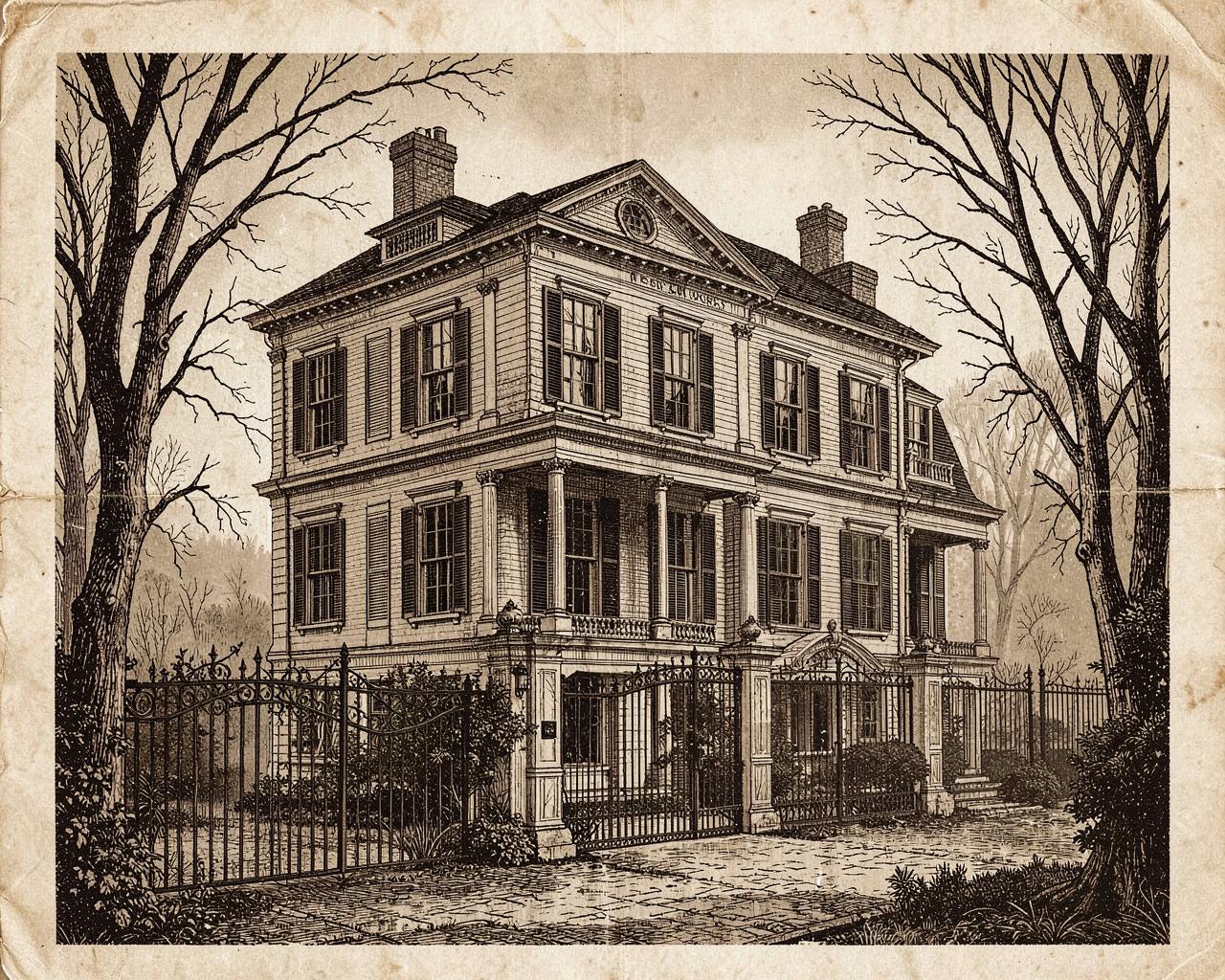 Vintage engraving of a gothic American haunted mansion at dusk with fog on the lawn, wrought iron gates and crows on the roofline