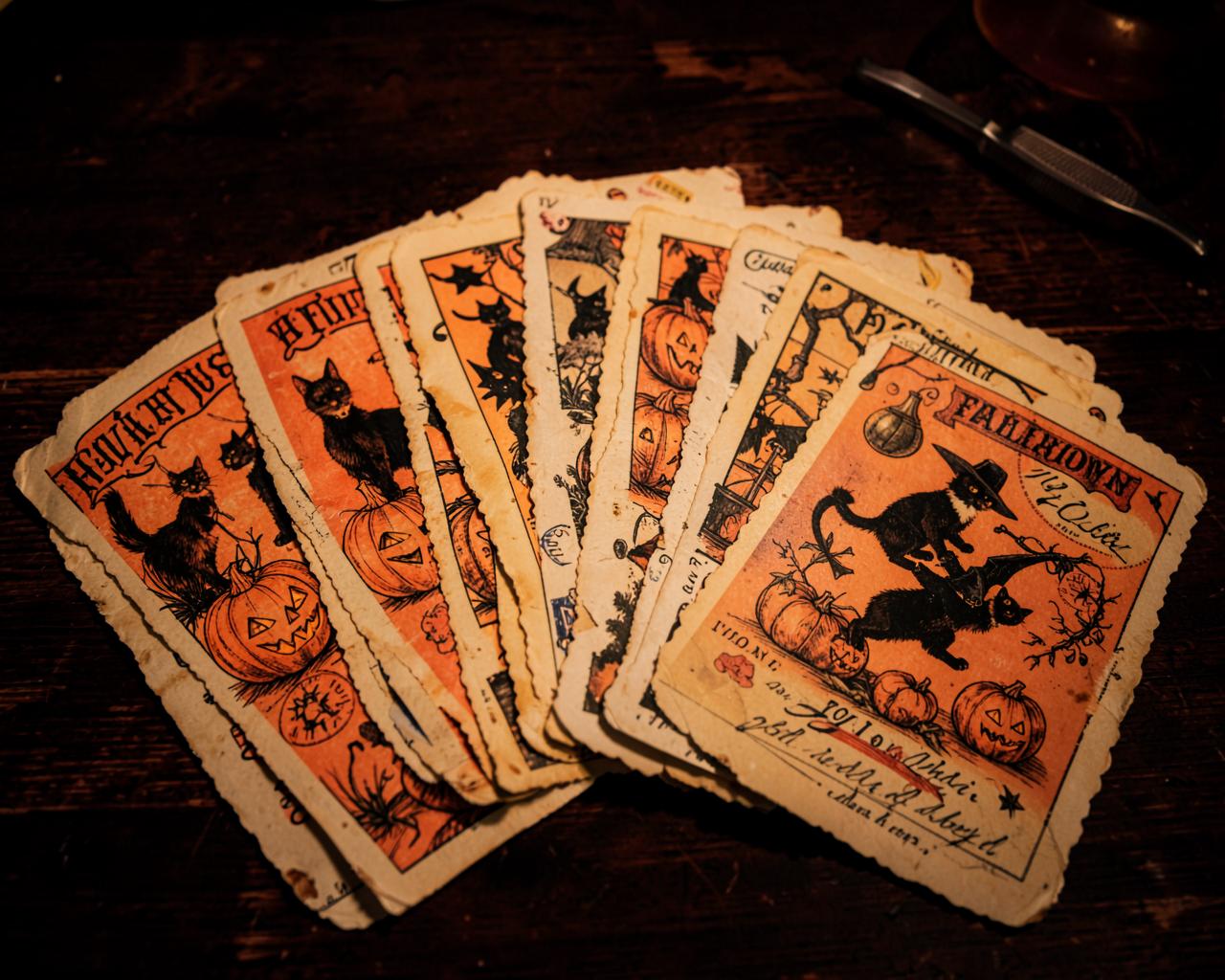 Vintage golden-age Halloween postcard illustration of a jack-o'-lantern, a witch on a broomstick against a harvest moon and black cats, with an ornate scalloped border