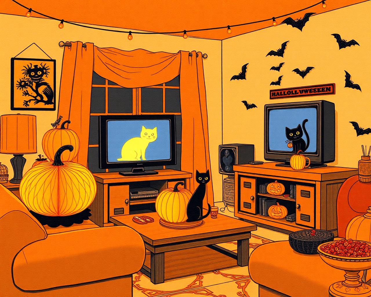 Retro illustration of a 1990s living room decorated for Halloween with a glowing jack-o'-lantern, paper bats, a CRT television and orange string lights