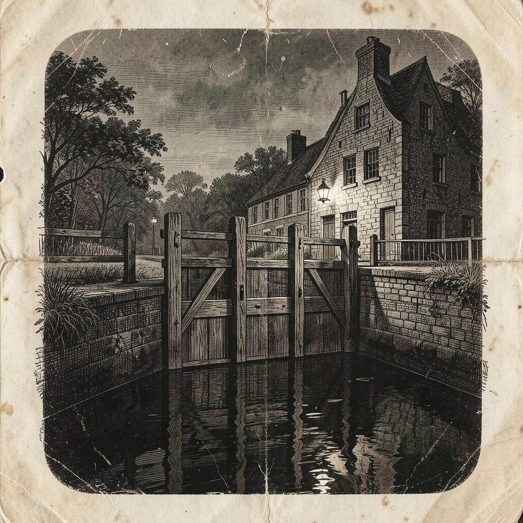 Vintage illustration of a canal lock and keeper's cottage in evening mist