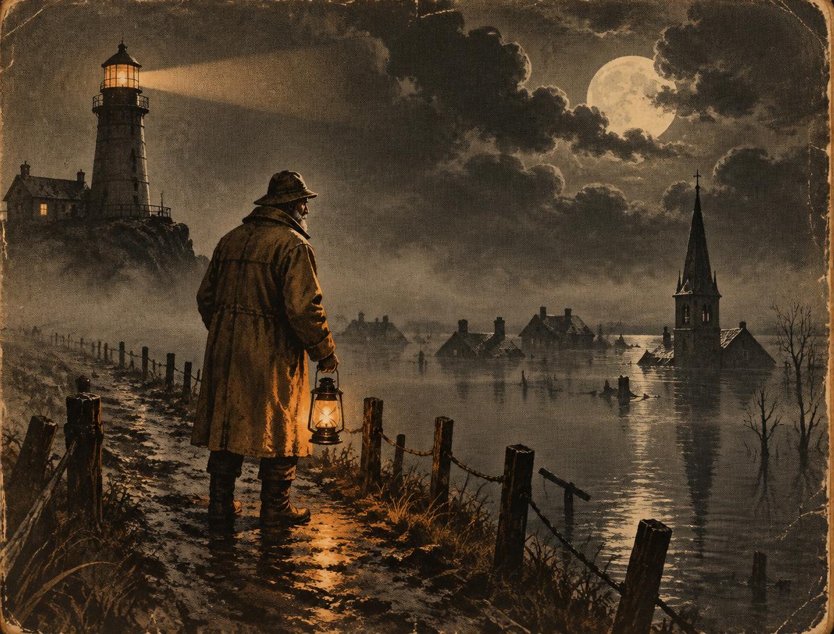 Vintage illustration of a lantern keeper rowing a small boat across a misted marsh lake at dusk