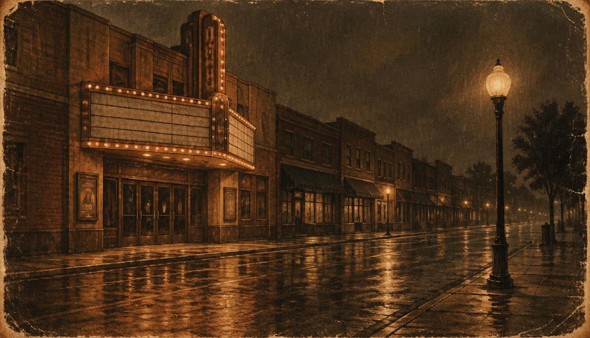 Vintage illustration of an empty movie palace with velvet seats facing a flickering screen