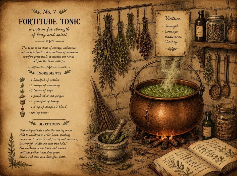 A copper cauldron bubbling with green potion