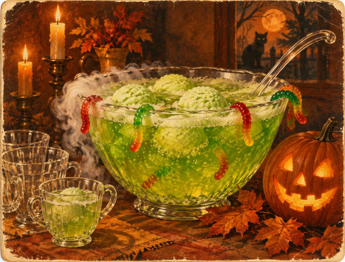 Glass punch bowl of bubbling green witch's brew punch with smoking dry ice and ladle